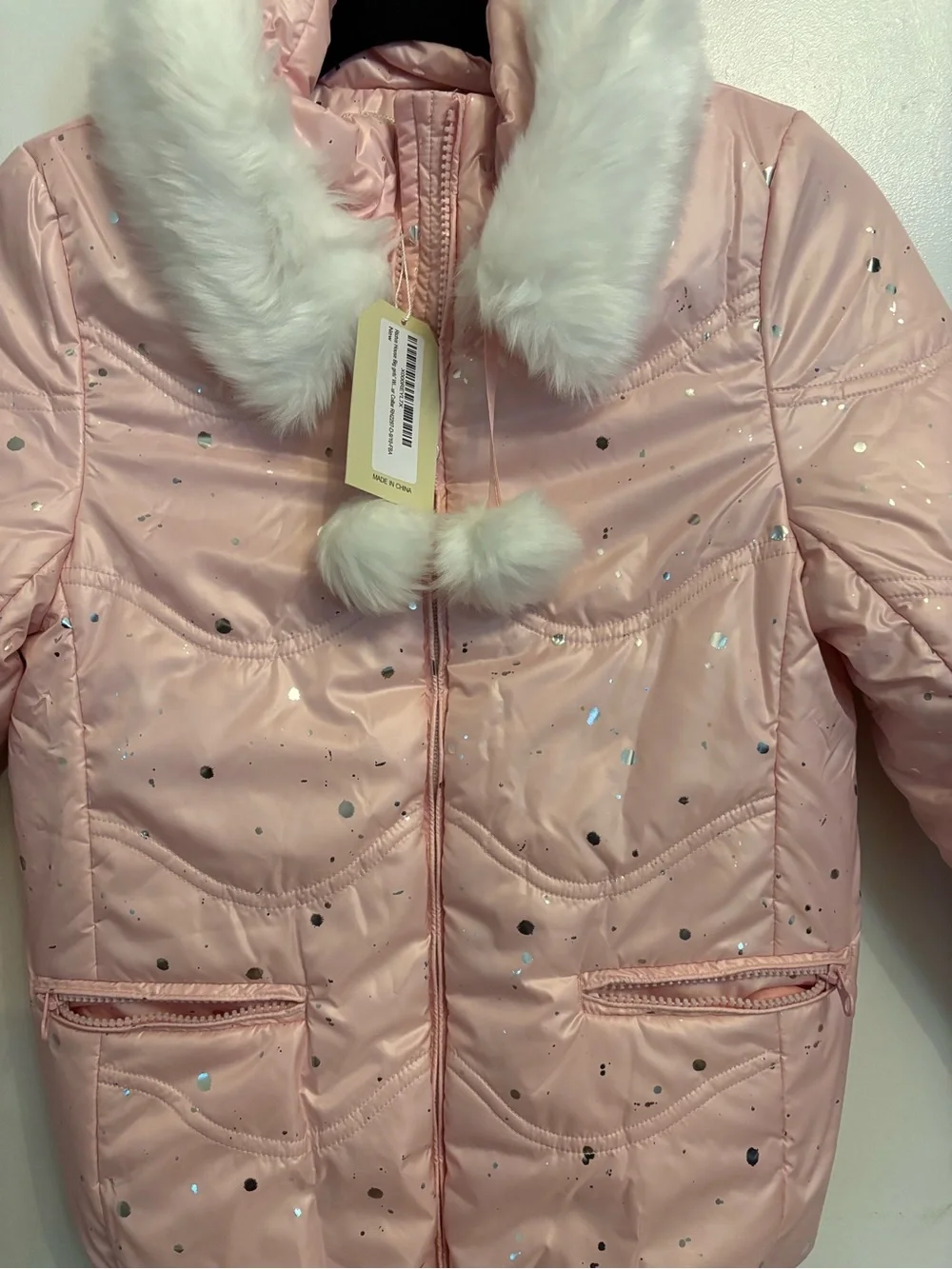 Girls Pink Faux-Fur Trim Sparkle Puffer Jacket